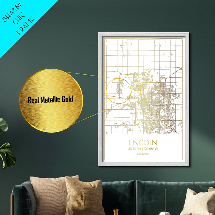Lincoln Nebraska City Poster, Metallic Gold Art, Metal Art, real wood frames, black and gold, Minimalist Wall Art, Map Print Poster