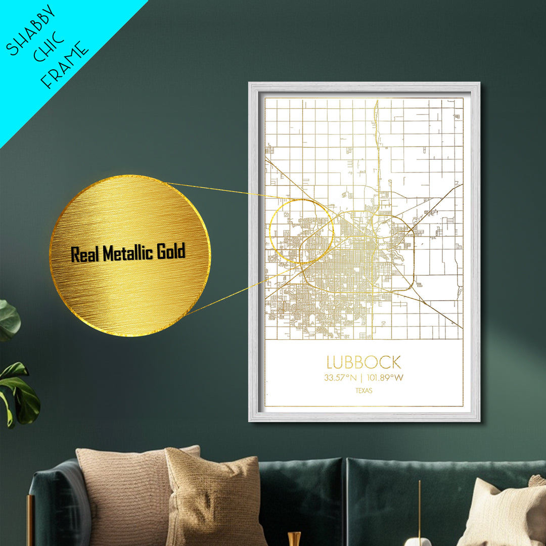 Lubbock Texas City street map, Metallic Gold Print, Metal Art, wood framed map, black and gold, Gold Street Map Art, Modern Wall Art