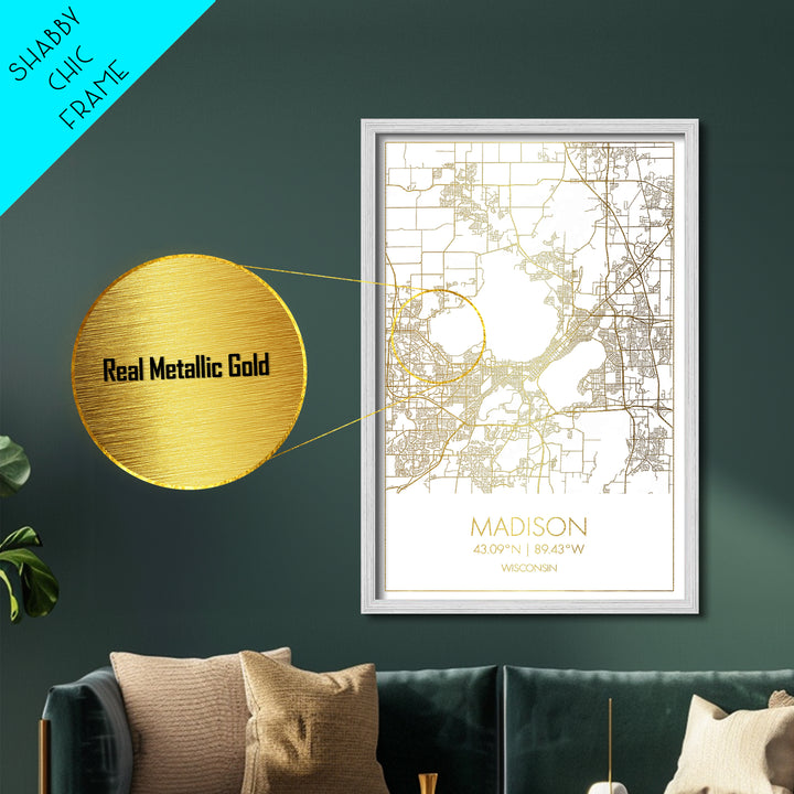 Madison Wisconsin City Poster, Metallic Gold Art, Metal Art, real wood frames, black and gold, Minimalist Wall Art, Map Print Poster