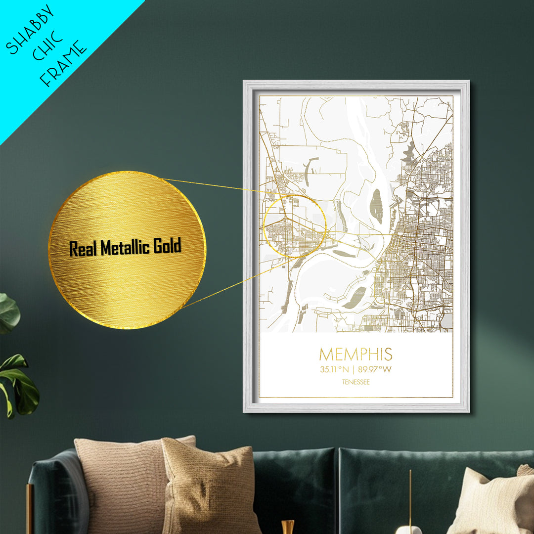 Memphis Tennessee City street map, Metallic Gold Print, Metal Art, wood framed map, black and gold, Street Map Art, Office Decor