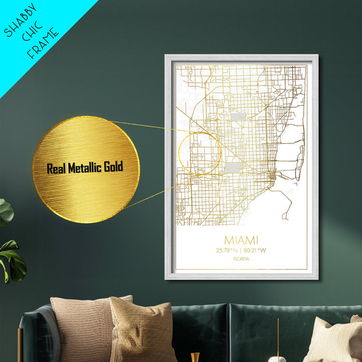 Miami Florida City street map, Metallic Gold Print, Metal Art, wood framed map, black and gold, Gold Street Map Art, Modern Wall Art