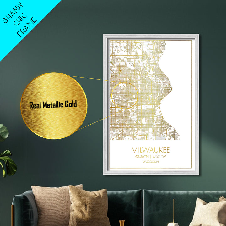 Milwaukee Wisconsin City street map, Metallic Gold Print, Metal Art, wood framed map, black and gold, Street Map Art, Office Decor