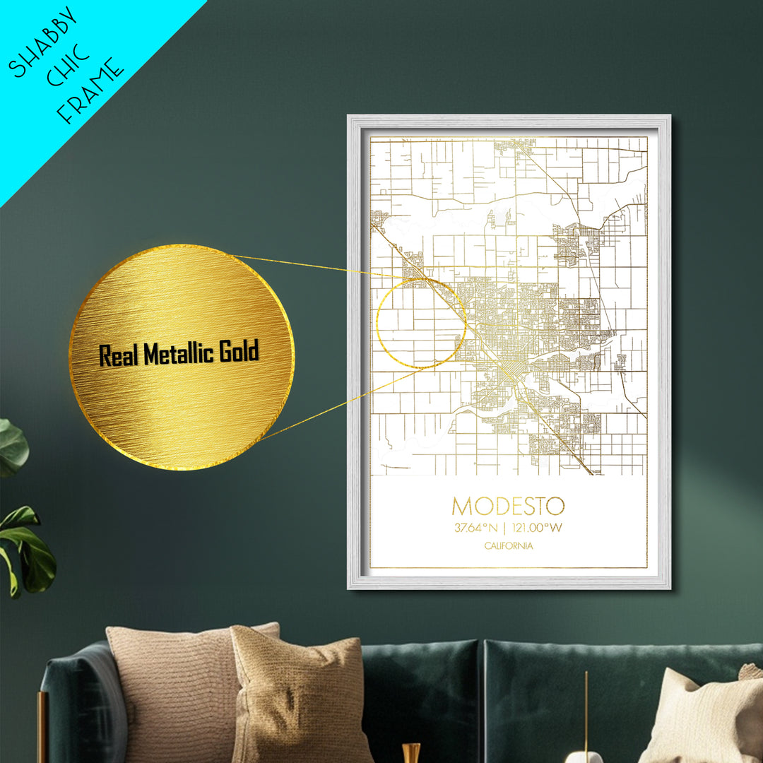Modesto California City Poster, Metallic Gold Art, Metal Art, real wood frames, black and gold, Minimalist Wall Art, Map Print Poster