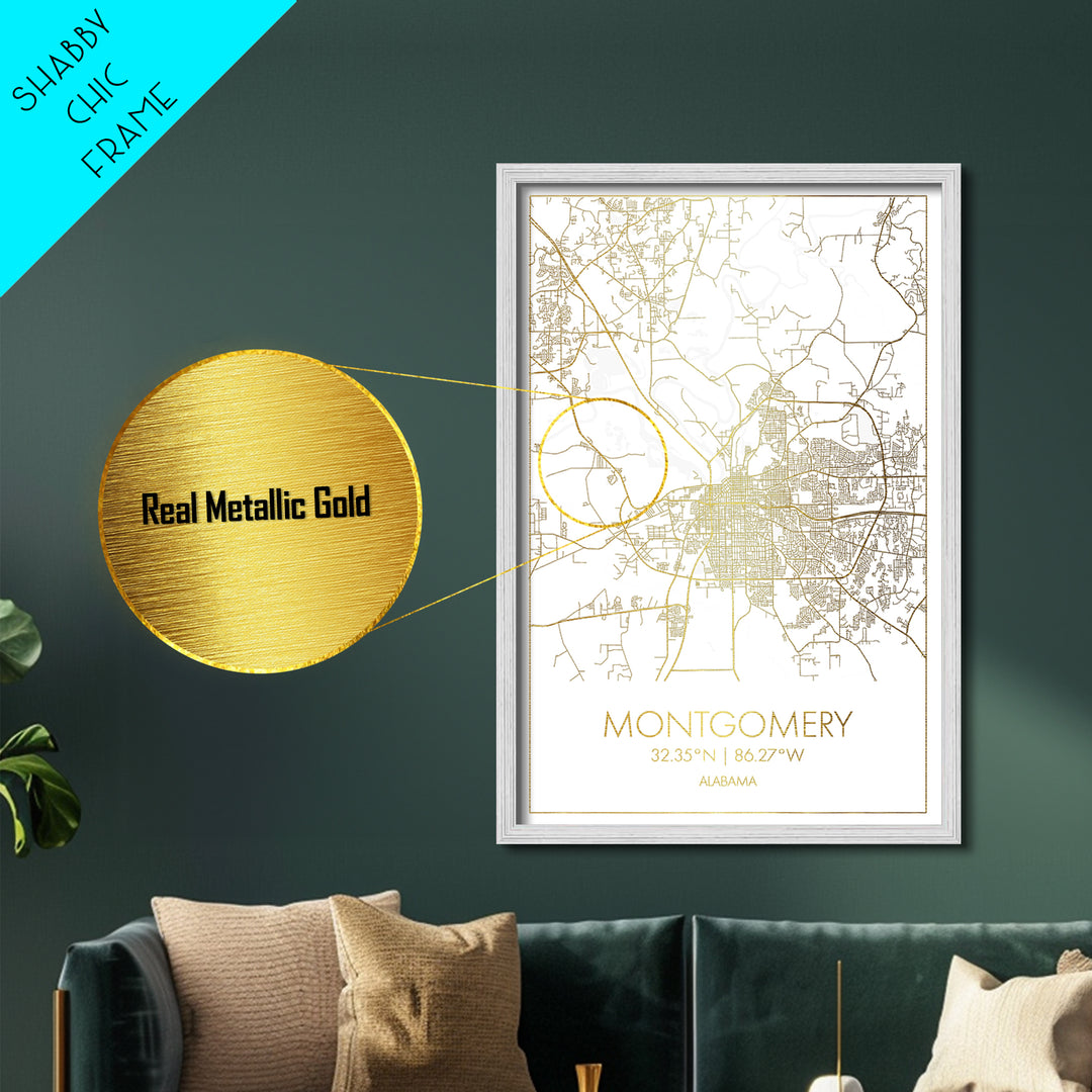 Montgomery Alabama City street map, Metallic Gold Print, Metal Art, wood framed map, black and gold, Street Map Art, Office Decor