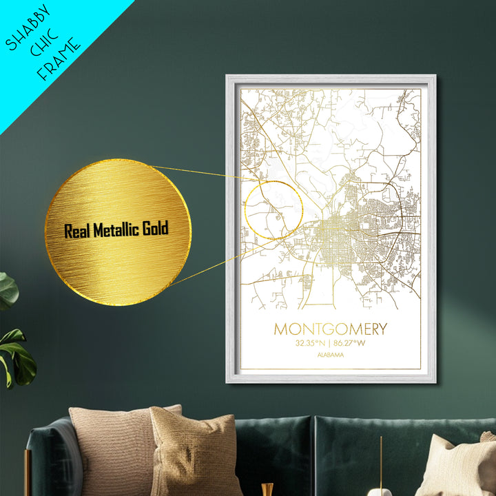 Montgomery Alabama City street map, Metallic Gold Print, Metal Art, wood framed map, black and gold, Street Map Art, Office Decor