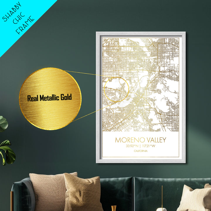 Moreno Valley California City Poster, Metallic Gold Art, Metal Art, real wood frames, black and gold, Map Art, Best Friend Gifts