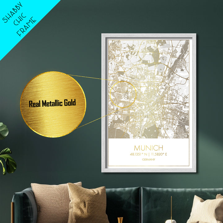 Munich Germany City Poster, Metallic Gold Art, Metal Art, real wood frames, black and gold, Minimalist Wall Art, Map Print Poster