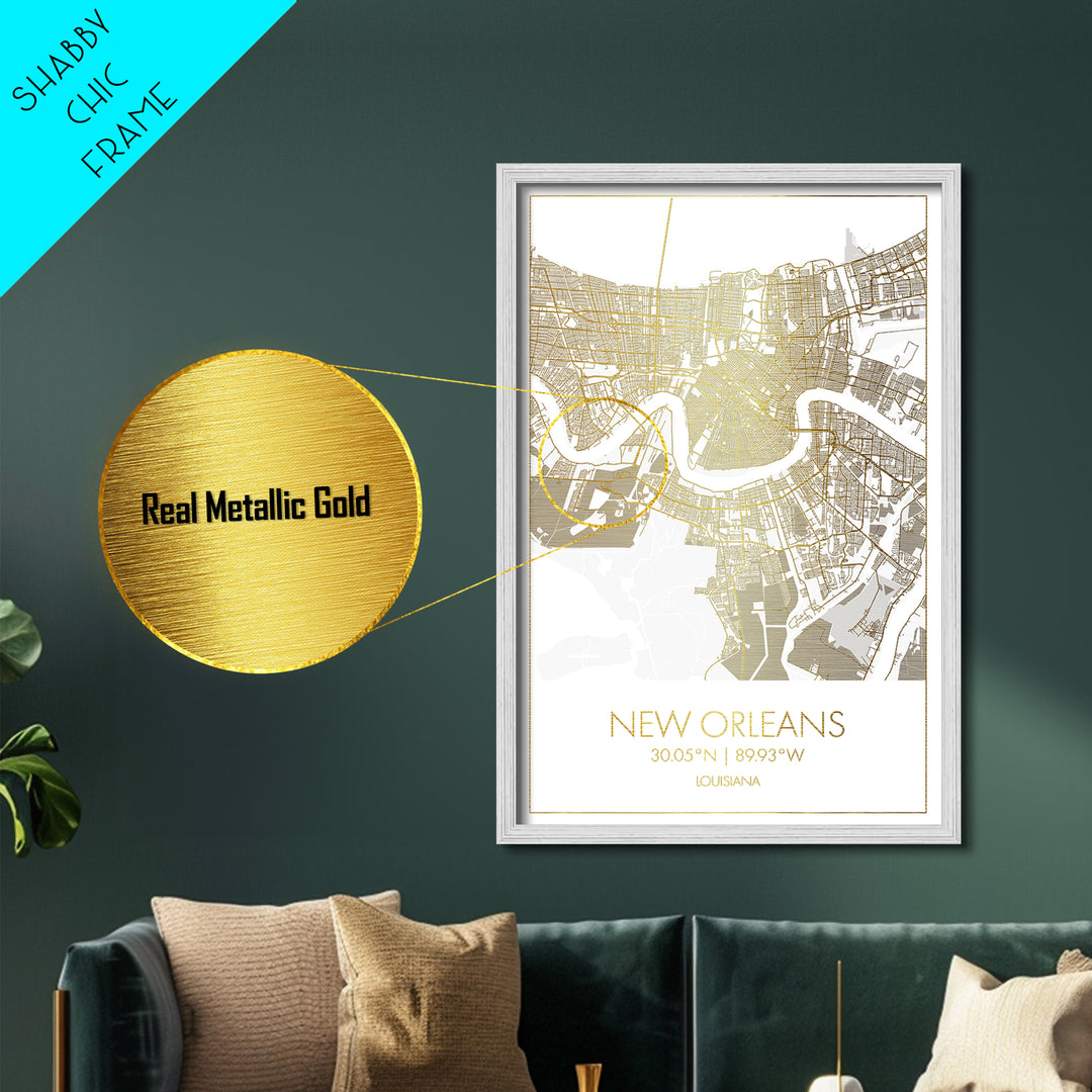New Orleans Louisiana City street map, Metallic Gold Print, Metal Art, wood framed map, black and gold, Gold Street Map Art, Modern Wall Art