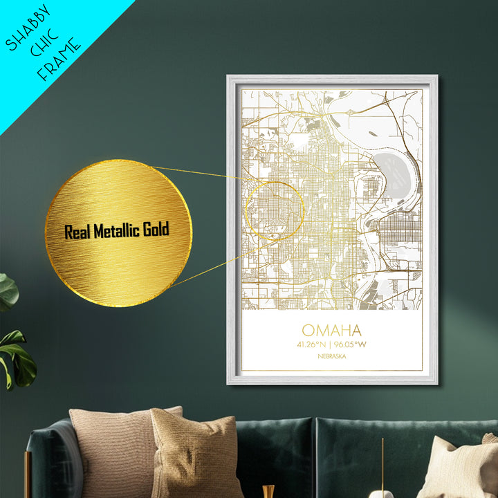 Omaha Nebraska City street map, Metallic Gold Print, Metal Art, wood framed map, black and gold, Gold Street Map Art, Modern Wall Art