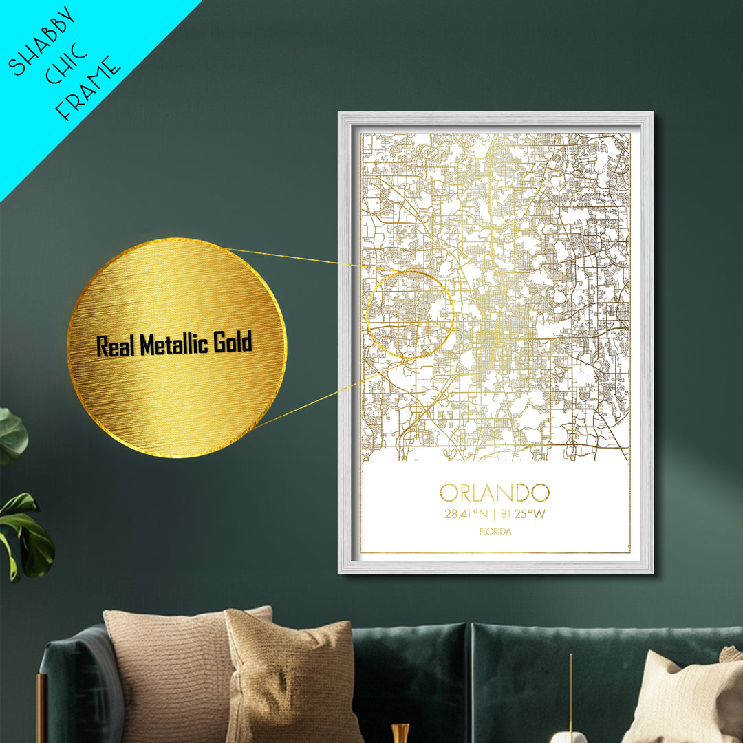 Orlando Florida City street map, Metallic Gold Print, Metal Art, wood framed map, black and gold, Street Map Art, Office Decor