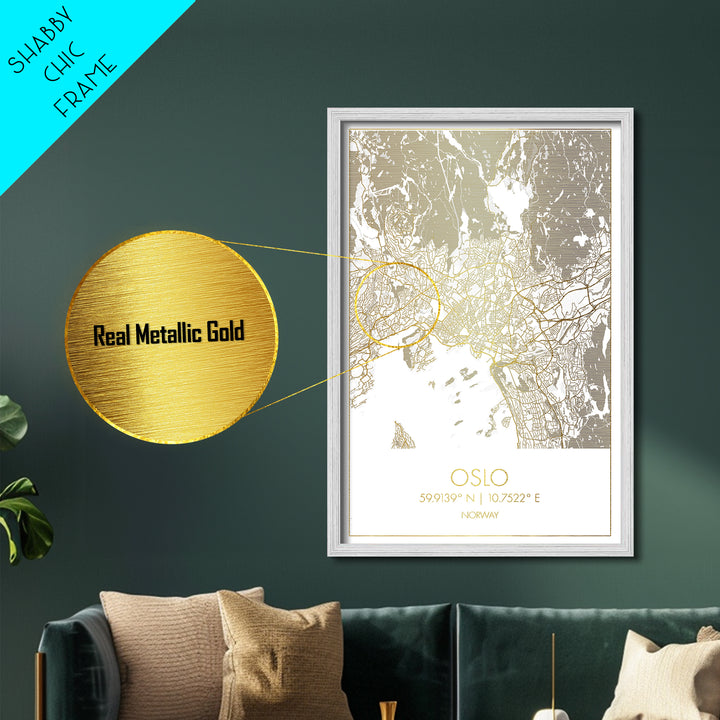 Oslo Norway City Poster, Metallic Gold Art, Metal Art, real wood frames, black and gold, Map Art, Best Friend Gifts