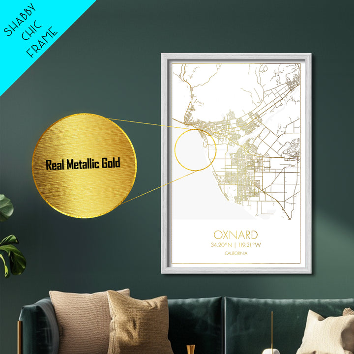 Oxnard California City Poster, Metallic Gold Art, Metal Art, real wood frames, black and gold, Minimalist Wall Art, Map Print Poster
