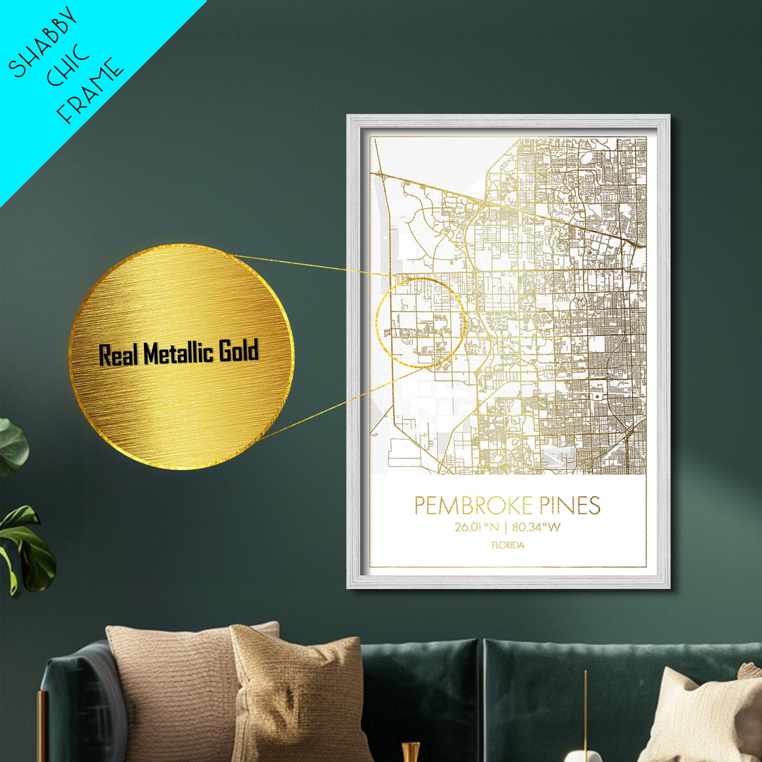 Pembroke Pines Florida City Poster, Metallic Gold Art, Metal Art, real wood frames, black and gold, Map Art, Best Friend Gifts