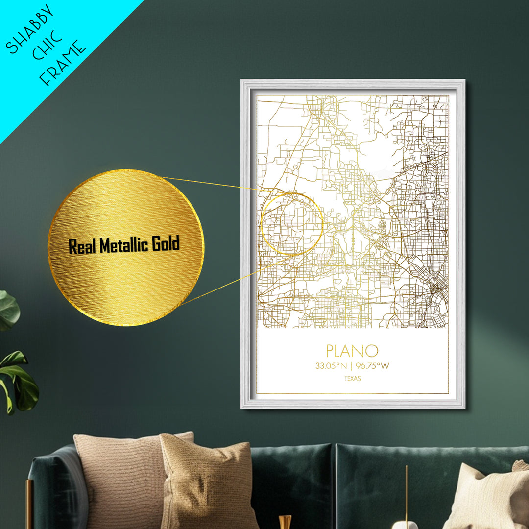 Plano Texas City Poster, Metallic Gold Art, Metal Art, real wood frames, black and gold, Minimalist Wall Art, Map Print Poster