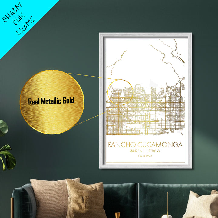 Rancho Cucamonga California City Poster, Metallic Gold Art, Metal Art, real wood frames, black and gold, Minimalist Wall Art, Street Map Art