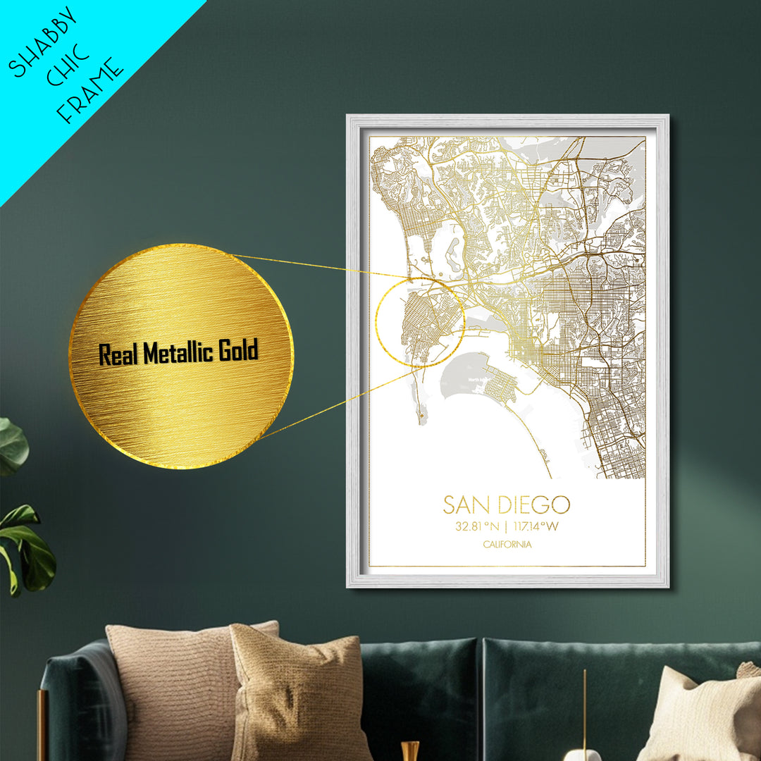 San Diego California City street map, Metallic Gold Print, Metal Art, wood framed map, black and gold, Map Art, Housewarming Gift