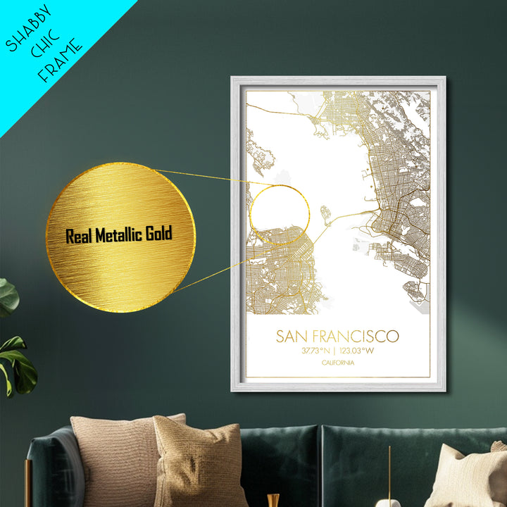San Francisco California City Poster, Metallic Gold Art, Metal Art, real wood frames, black and gold, Gold Street Map Art, Best Friend Gifts