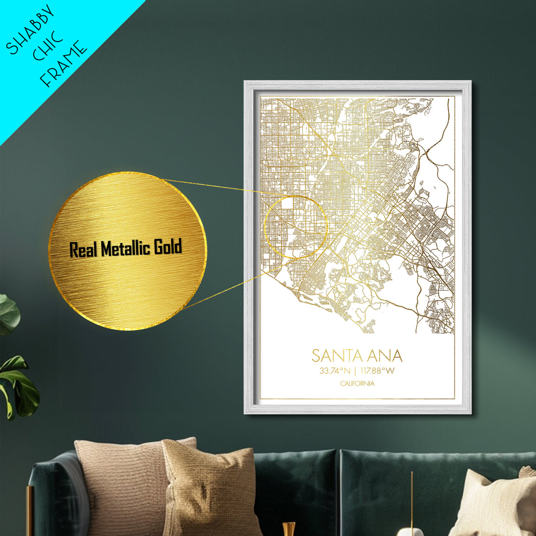 Santa Ana California City Poster, Metallic Gold Art, Metal Art, real wood frames, black and gold, Street Map Art, Modern House Art