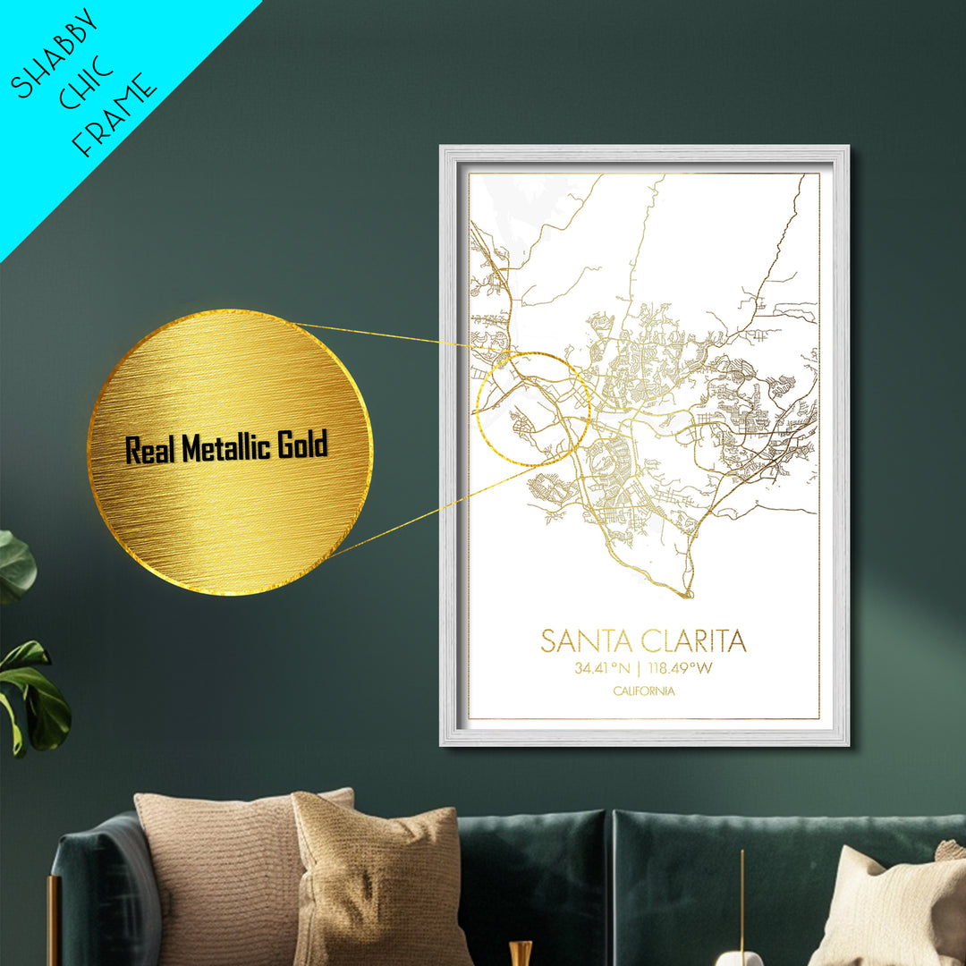 Santa Clarita California City street map, Metallic Gold Print, Metal Art, wood framed map, black and gold, Office Decor, Closing Gift