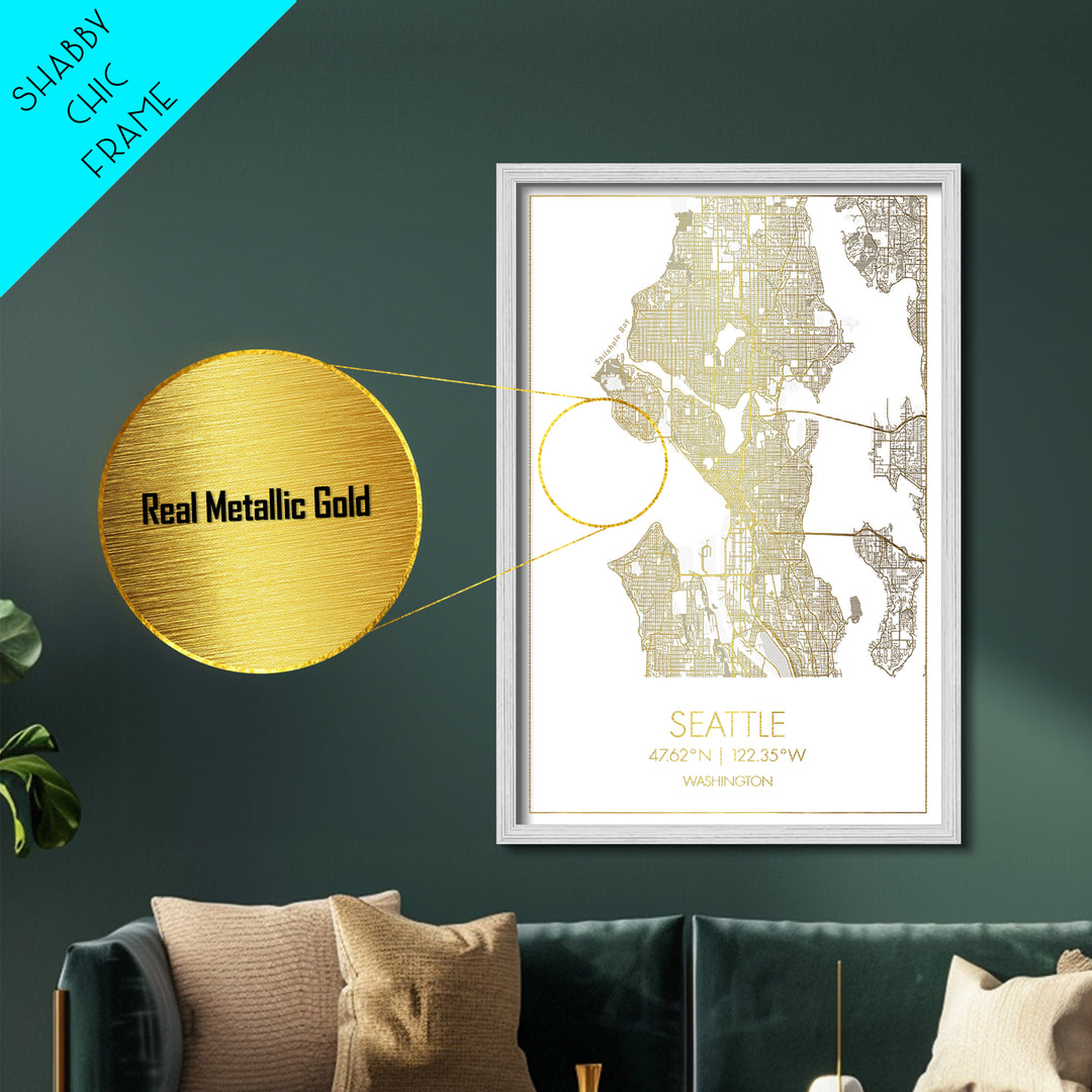 Seattle Washington City Poster, Metallic Gold Art, Metal Art, real wood frames, black and gold, Minimalist Wall Art, Map Print Poster