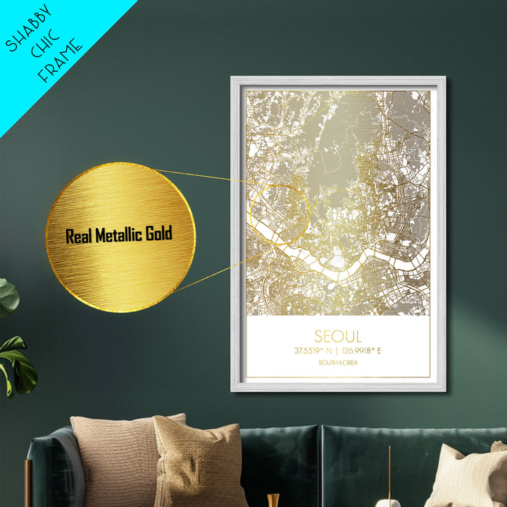 Seoul South Korea City street map, Metallic Gold Print, Metal Art, wood framed map, black and gold, Street Map Art, Office Decor