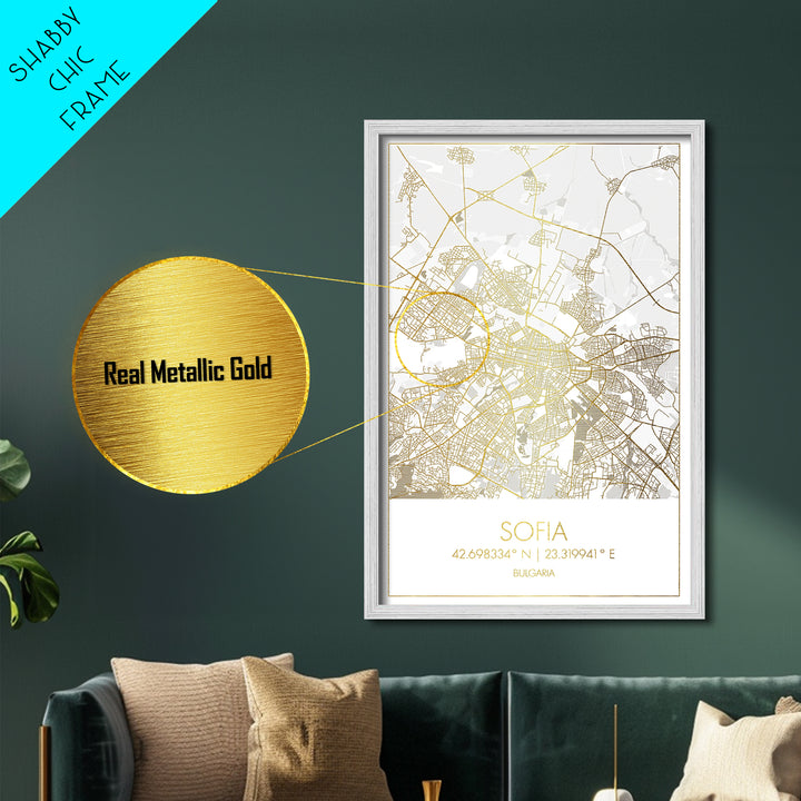 Sofia Bulgaria City street map, Metallic Gold Print, Metal Art, wood framed map, black and gold, Map Art, Housewarming Gift