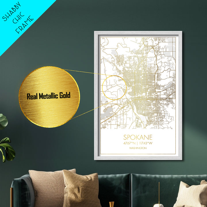 Spokane Washington City Poster, Metallic Gold Art, Metal Art, real wood frames, black and gold, Gold Street Map Art, Best Friend Gifts