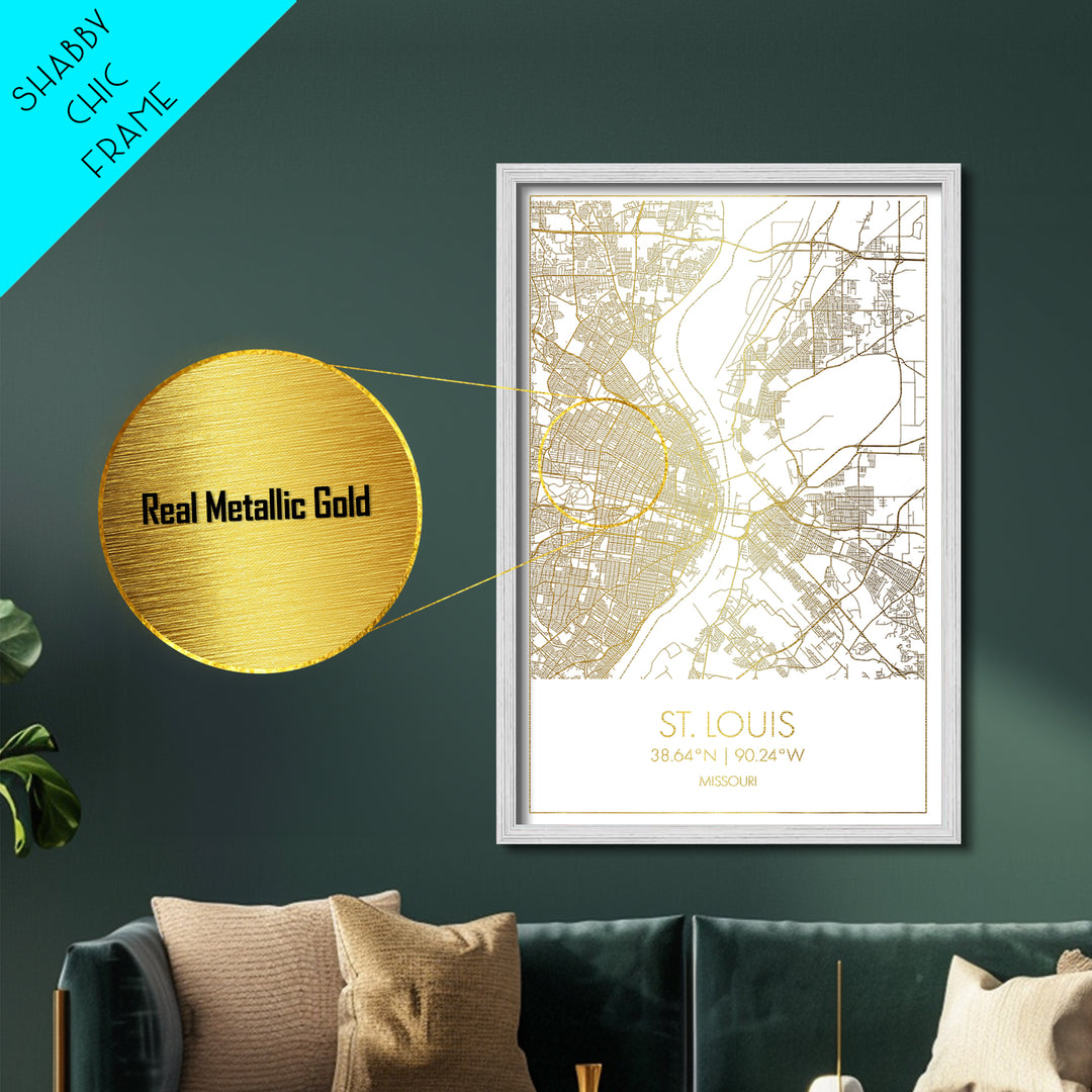 St. Louis Missouri City Poster, Metallic Gold Art, Metal Art, real wood frames, black and gold, Street Map Art, Modern House Art