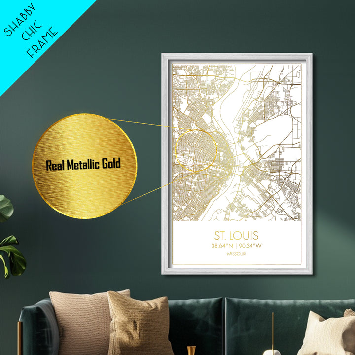 St. Louis Missouri City Poster, Metallic Gold Art, Metal Art, real wood frames, black and gold, Street Map Art, Modern House Art