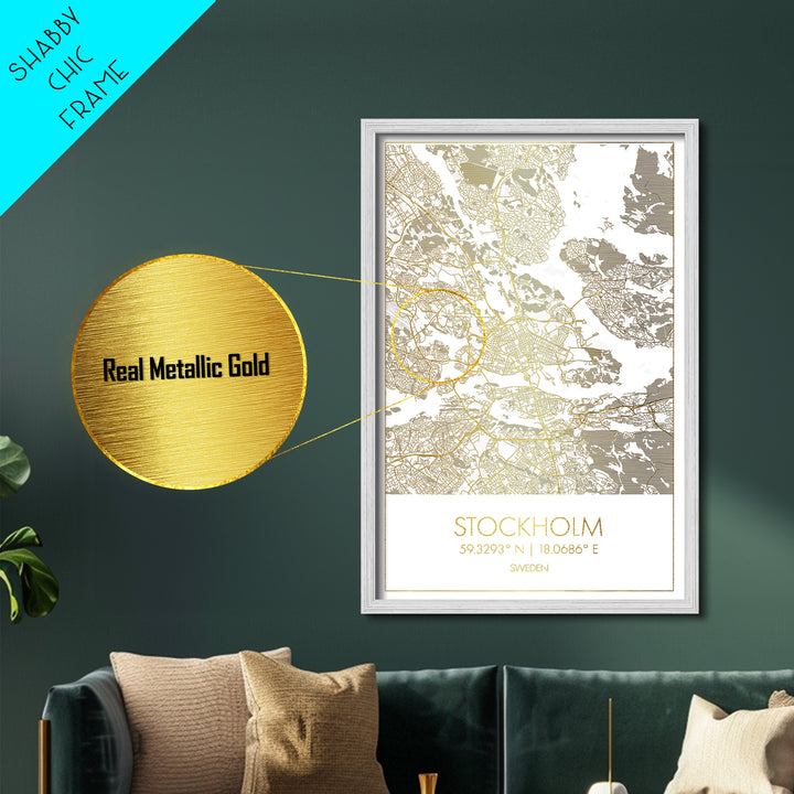 Stockholm Sweden City street map, Metallic Gold Print, Metal Art, wood framed map, black and gold, Gold Street Map Art, Modern Wall Art
