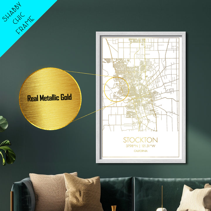 Stockton California City street map, Metallic Gold Print, Metal Art, wood framed map, black and gold, Street Map Art, Office Decor