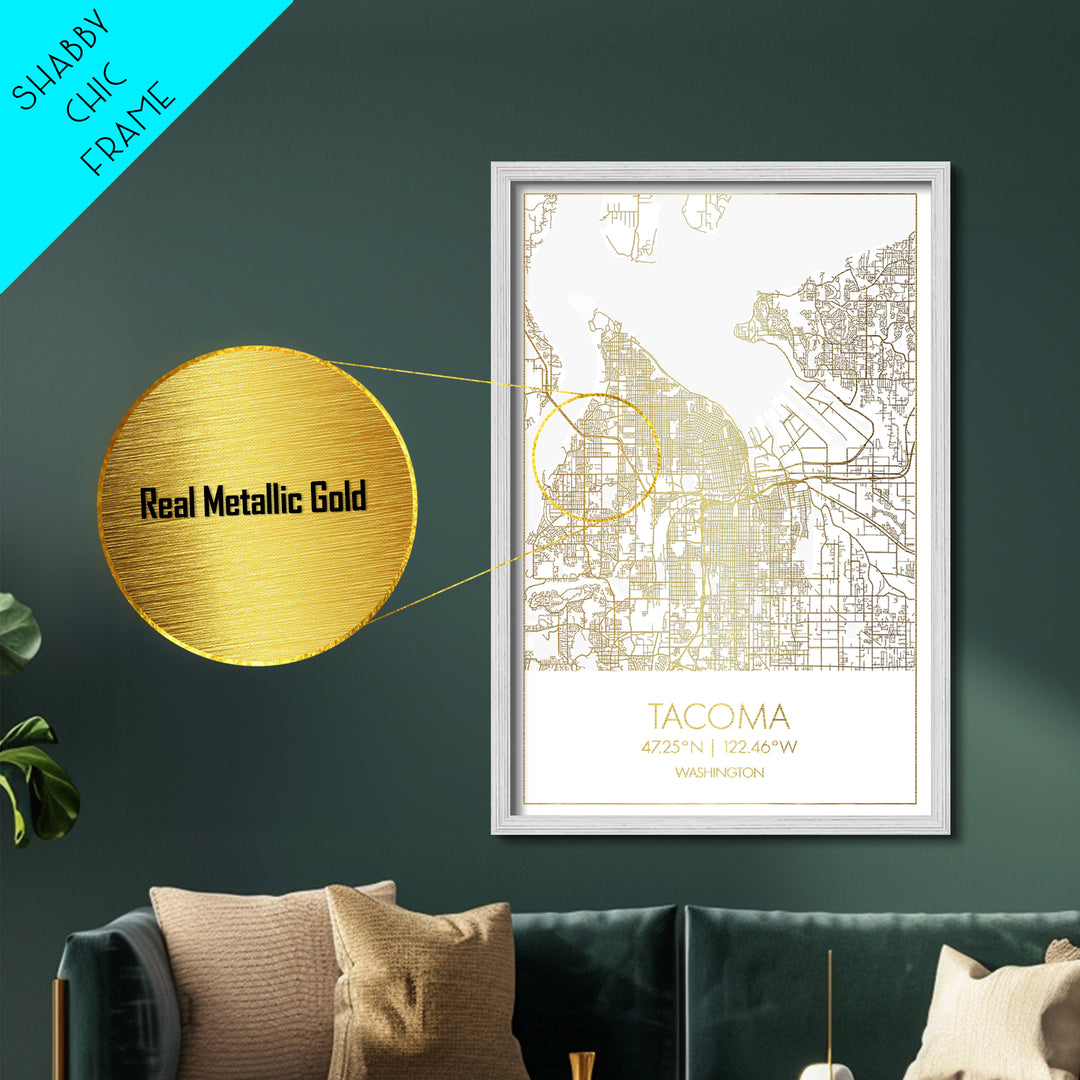 Tacoma Washington City Poster, Metallic Gold Art, Metal Art, real wood frames, black and gold, Map Art, Best Friend Gifts