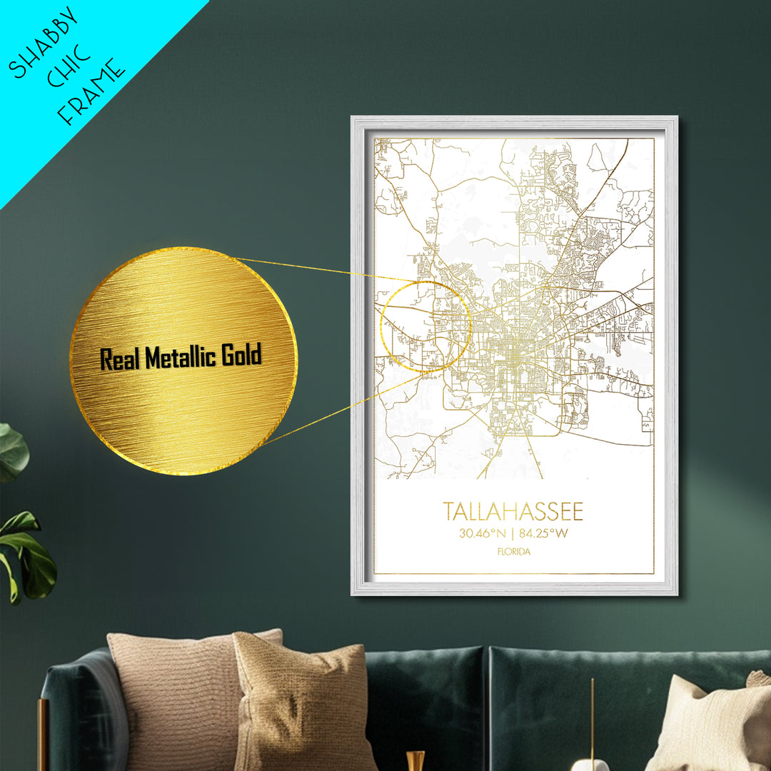 Tallahassee Florida City street map, Metallic Gold Print, Metal Art, wood framed map, black and gold, Gold Street Map Art, Modern Wall Art
