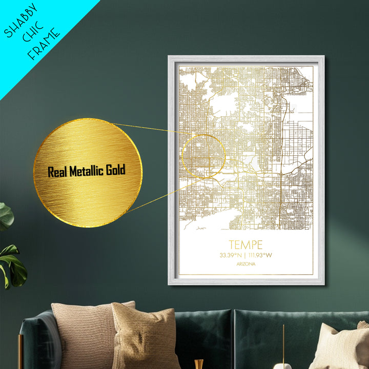 Tempe Arizona City street map, Metallic Gold Print, Metal Art, wood framed map, black and gold, Map Art, Housewarming Gift