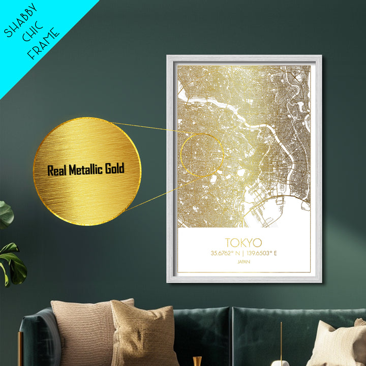 Tokyo Japan City Poster, Metallic Gold Art, Metal Art, real wood frames, black and gold, Gold Street Map Art, Modern Wall Art