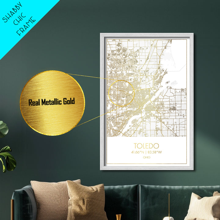 Toledo Ohio City Poster, Metallic Gold Art, Metal Art, real wood frames, black and gold, Street Map Art, Modern House Art