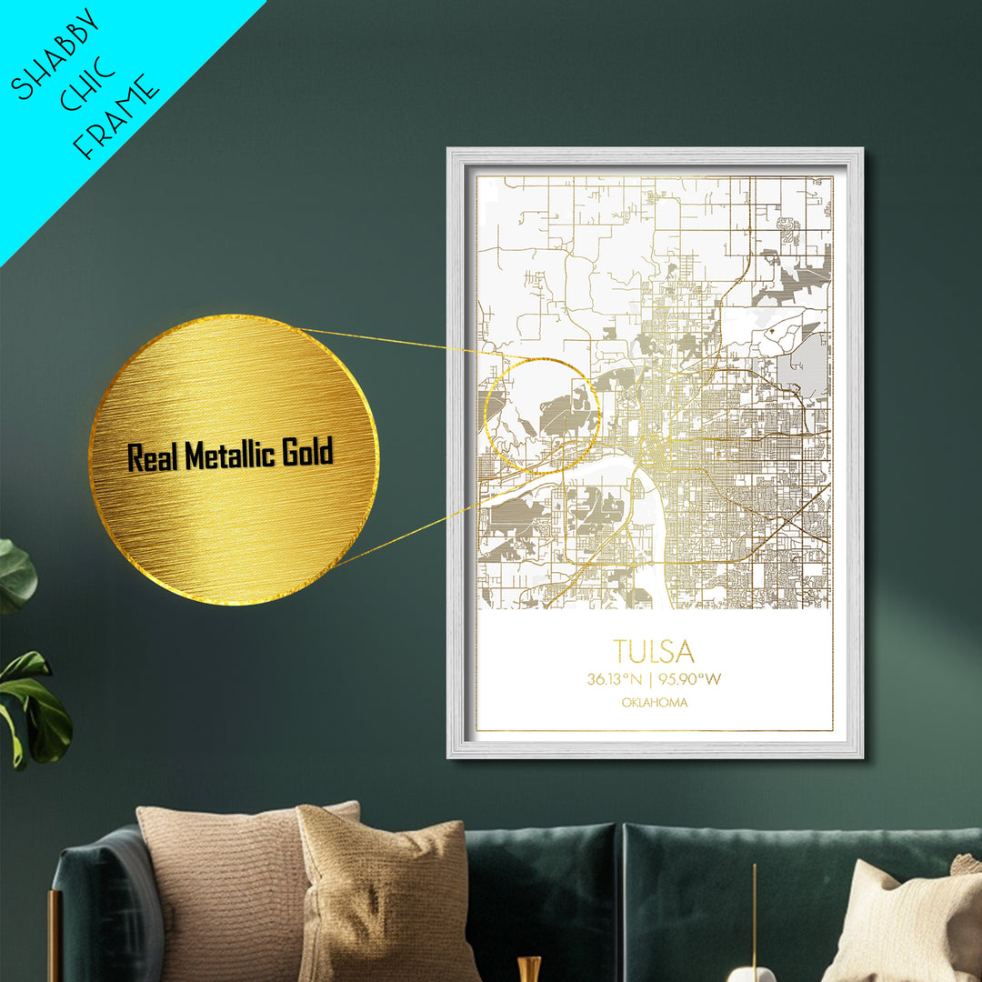 Tulsa Oklahoma City Poster, Metallic Gold Art, Metal Art, real wood frames, black and gold, Map Art, Best Friend Gifts