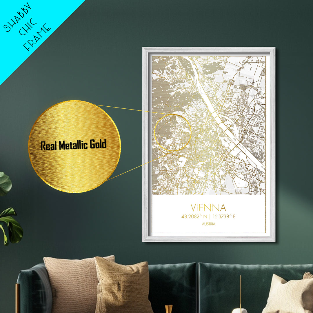 Vienna Austria City street map, Metallic Gold Print, Metal Art, wood framed map, black and gold, Gold Street Map Art, Modern Wall Art