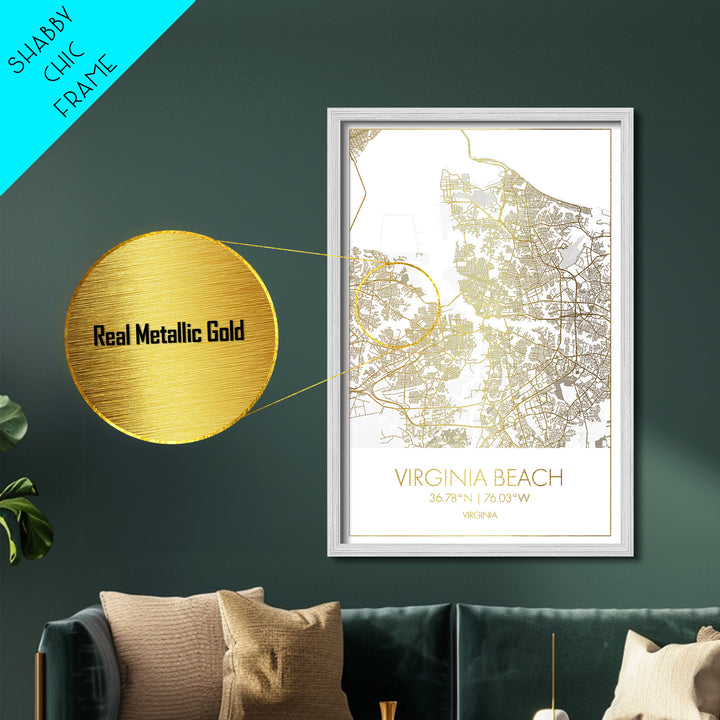 Virginia Beach Virginia City Poster, Metallic Gold Art, Metal Art, real wood frames, black and gold, Minimalist Wall Art, Map Print Poster