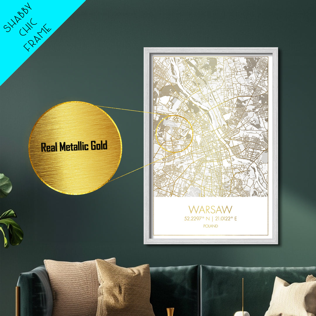 Warsaw Poland City street map, Metallic Gold Print, Metal Art, wood framed map, black and gold, Street Map Art, Office Decor