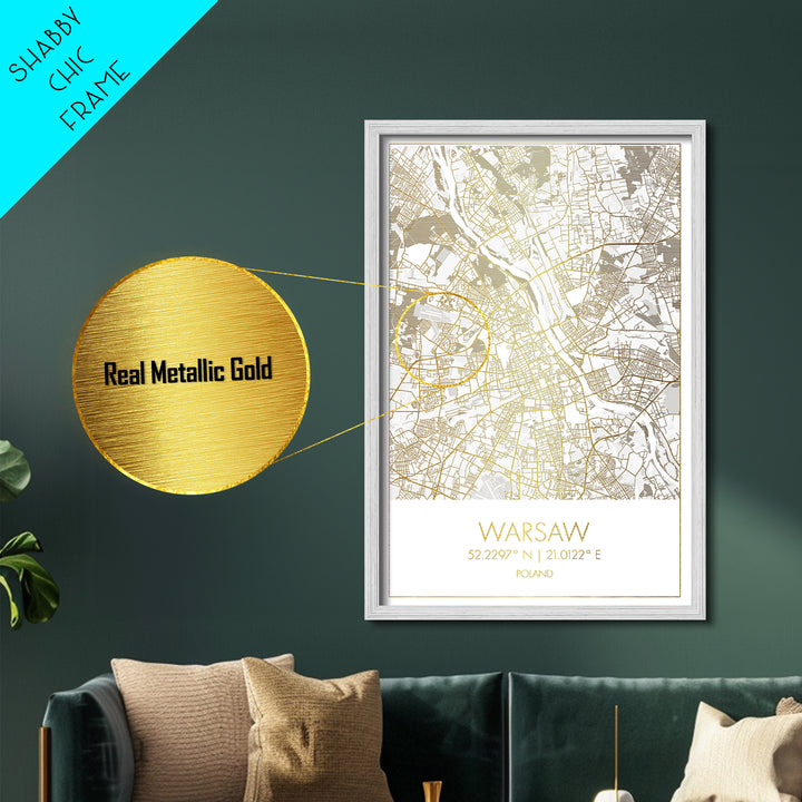 Warsaw Poland City street map, Metallic Gold Print, Metal Art, wood framed map, black and gold, Street Map Art, Office Decor