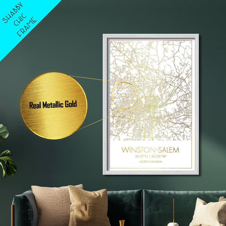 Winston-Salem North Carolina City Poster, Metallic Gold Art, Metal Art, real wood frames, black and gold, Street Map Wall Art, Closing Gift