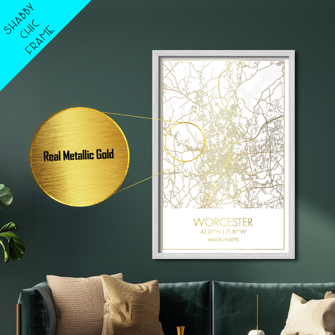 Worcester Massachusetts City street map, Metallic Gold Print, Metal Art, wood framed map, black and gold, Map Art, Housewarming Gift