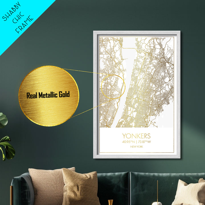 Yonkers New York City Poster, Metallic Gold Art, Metal Art, real wood frames, black and gold, Gold Street Map Art, Best Friend Gifts