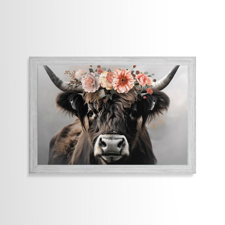 Framed Canvas Wall Art, Cute Cow Wearing Flowers, Farmhouse Decor, Farmhouse Wall At, Extra Large Boho Decor, Modern Art, Minimalist Rustic