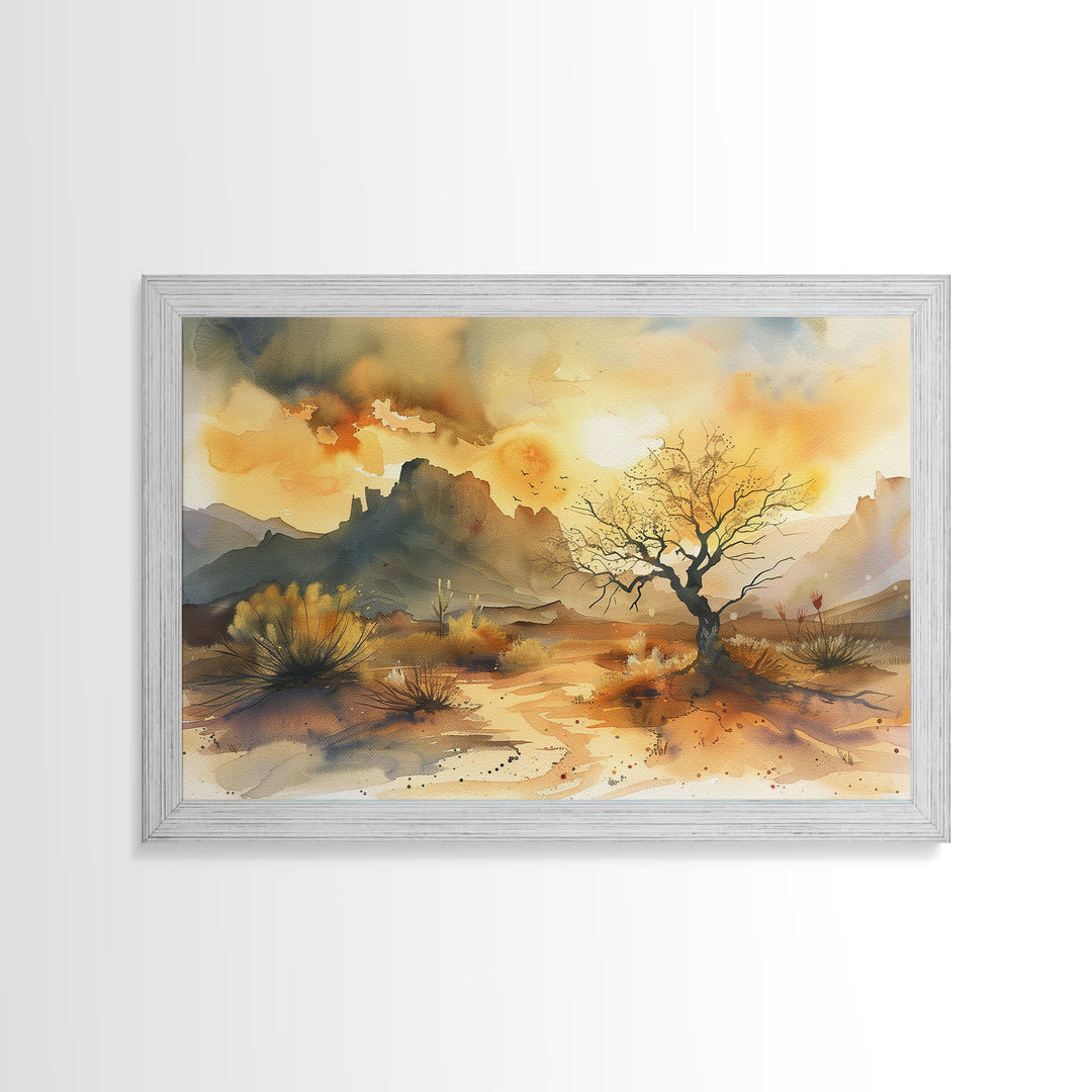Large Wall Art Desert Print, Wood Framed Canvas Print, Original Artwork, Watercolor Landscape Painting, Minimalist Wall Art