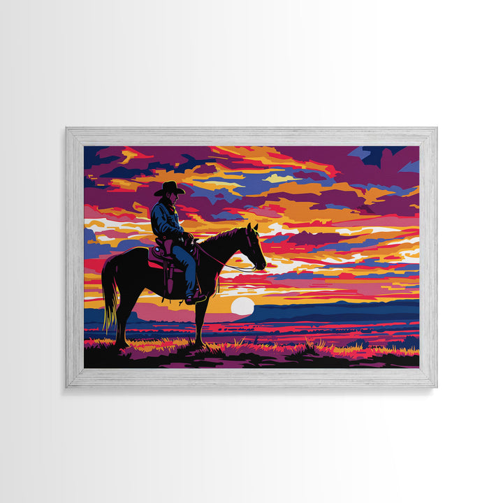 Cowboy At Sunset Watercolor Painting Framed Canvas Print, Western Decor, Gift For Him, Guy Gift, Rodeo Art, Southwestern Wall Decor