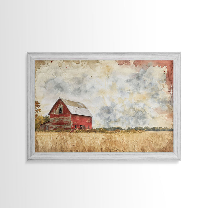 Red Barn Watercolor Painting Framed Canvas Print, Watercolor Painting From Photo Landscape, Wall Decor, Home Decor