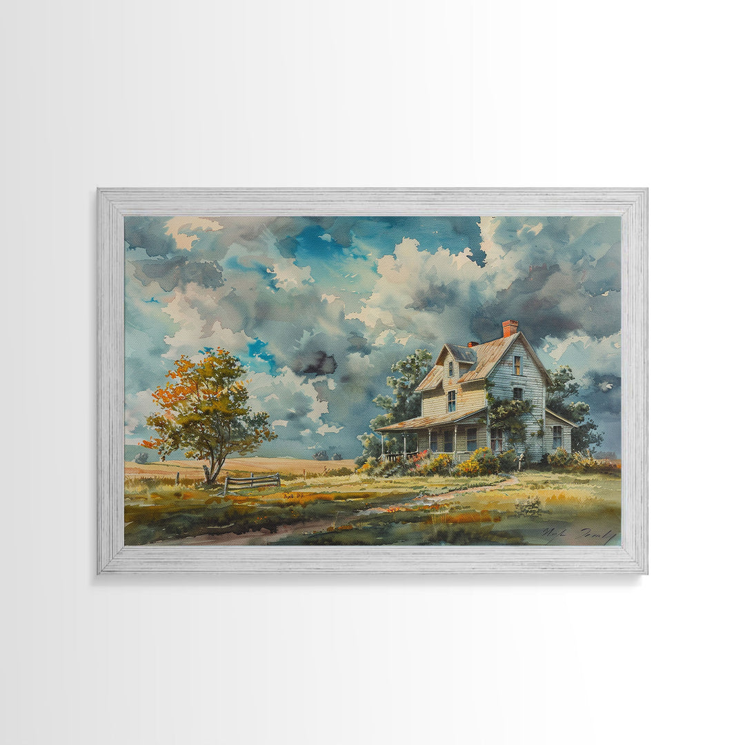 Beautiful Cottagecore Kitsch Framed Canvas Print Of An Old Farmhouse, Watercolor Painting, Custom Original Art, Living Room Decor