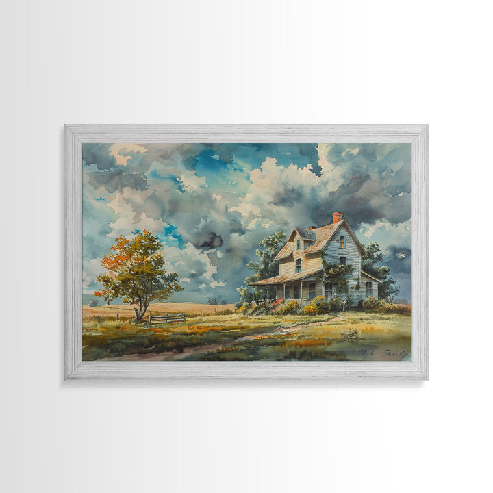 Beautiful Cottagecore Kitsch Framed Canvas Print Of An Old Farmhouse, Watercolor Painting, Custom Original Art, Living Room Decor